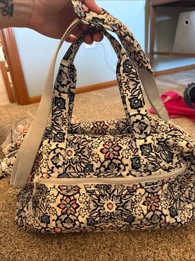 Vera Bradley Quilted Floral Travel Satchel in Cream, Black and Pink